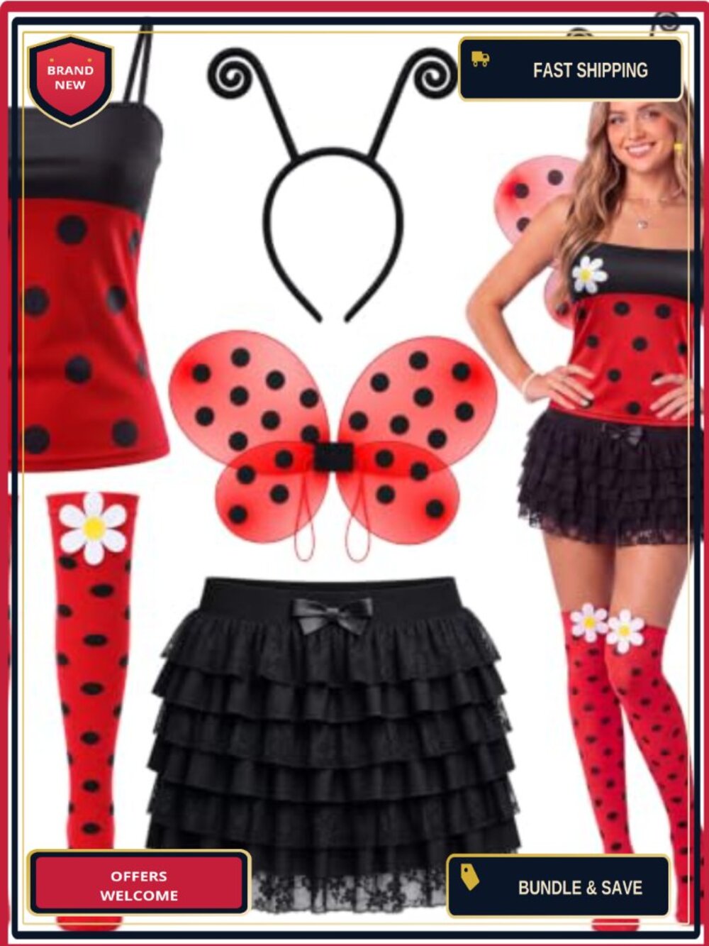 5Pc Insect Costume Set Lace Skirt Wings Headband Socks Women Halloween